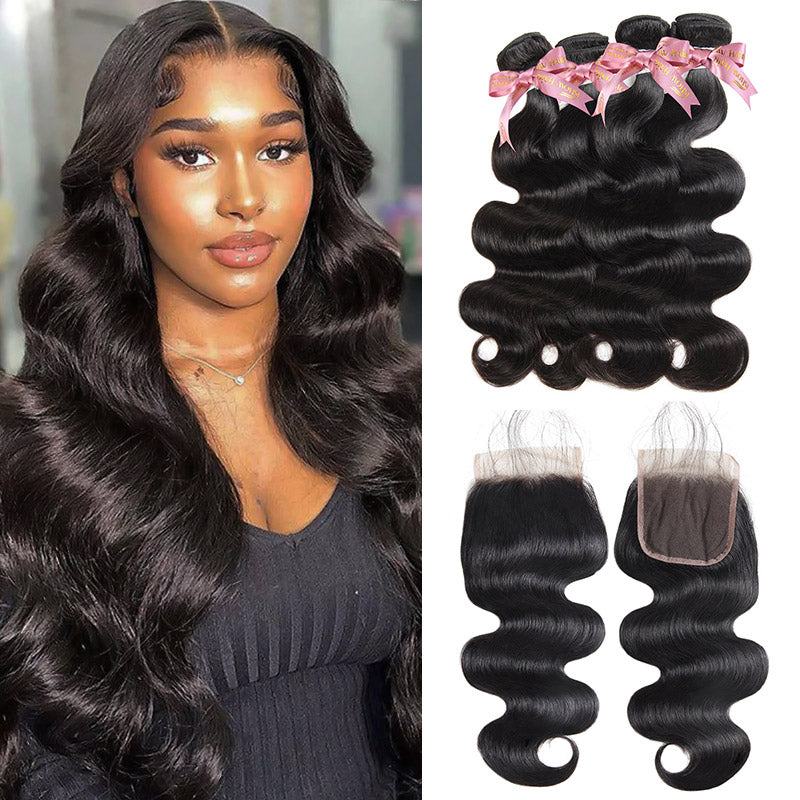 Woman with long straight natural black hair, alongside four straight hair bundles and two lace closures with pink bows from Ishow Beauty 12A Grade Brazilian Human Hair collection.