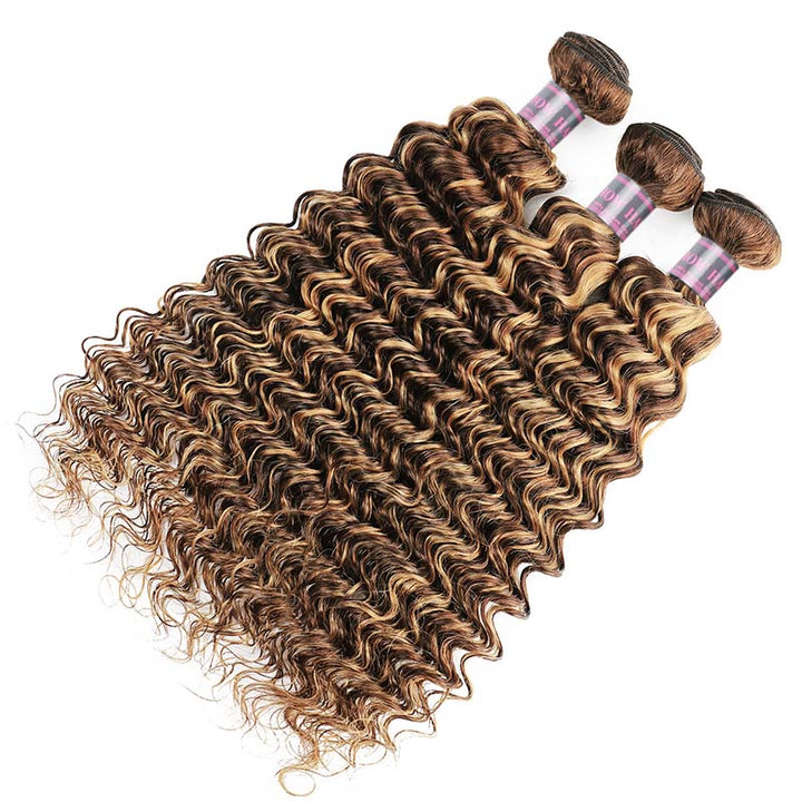 Honey Blonde Deep Wave Hair Bundles Showcasing Defined Curls and Highlights