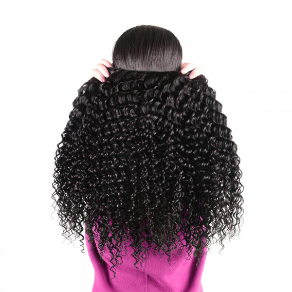 Model Displaying Bouncy Deep Wave Curls in Natural Black Color From the Back