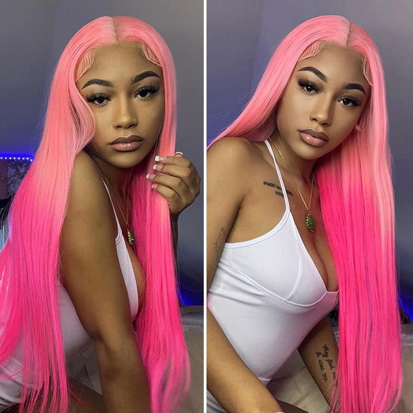 Model With Straight Barbie Pink Wig, Wearing a White Tank Top, Posing With Confidence