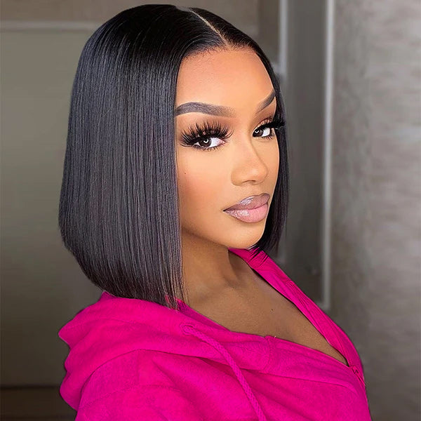 Woman in Pink Hoodie With Straight Bob Wig and Makeup