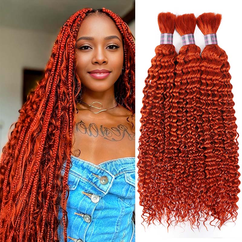 Model With Ginger Curly Hair and Three Bundles of Deep Wave Hair Extensions