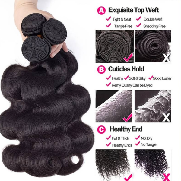 Hand Holding Three Bundles of Black Body Wave Hair Extensions With Quality Features