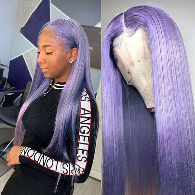 Woman Showcasing Straight Light Purple HD Lace Front Wig for Stylish Looks