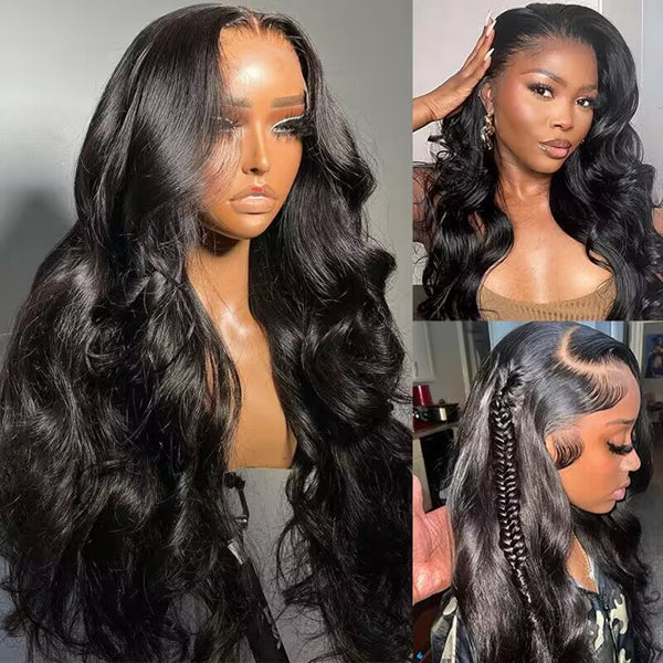 Two mannequins with HD lace frontal wigs in body wave texture, natural black color. Wigs have pre-plucked hairlines and styled in loose waves with marble background.