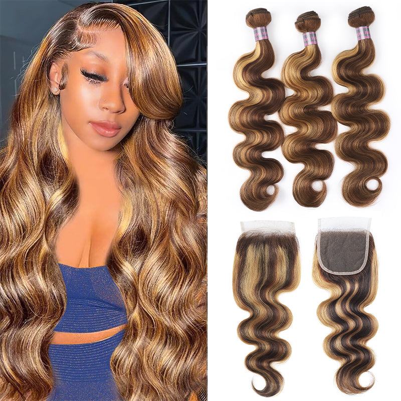Highlighted Body Wave Hair Bundles P4/27 With 4X4 Lace Closure Displayed With Model