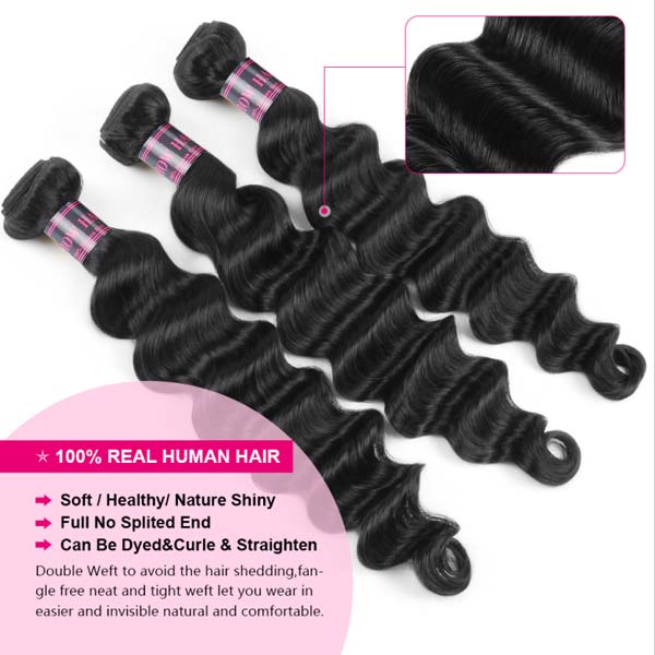 Loose Deep Wave Human Hair Bundles, Natural Black, 100% Real Human Hair