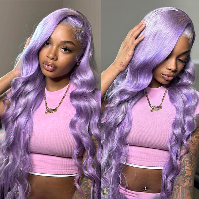 Model Wearing Light Purple Body Wave Wig, Styled in Soft Waves, With a Pink Top