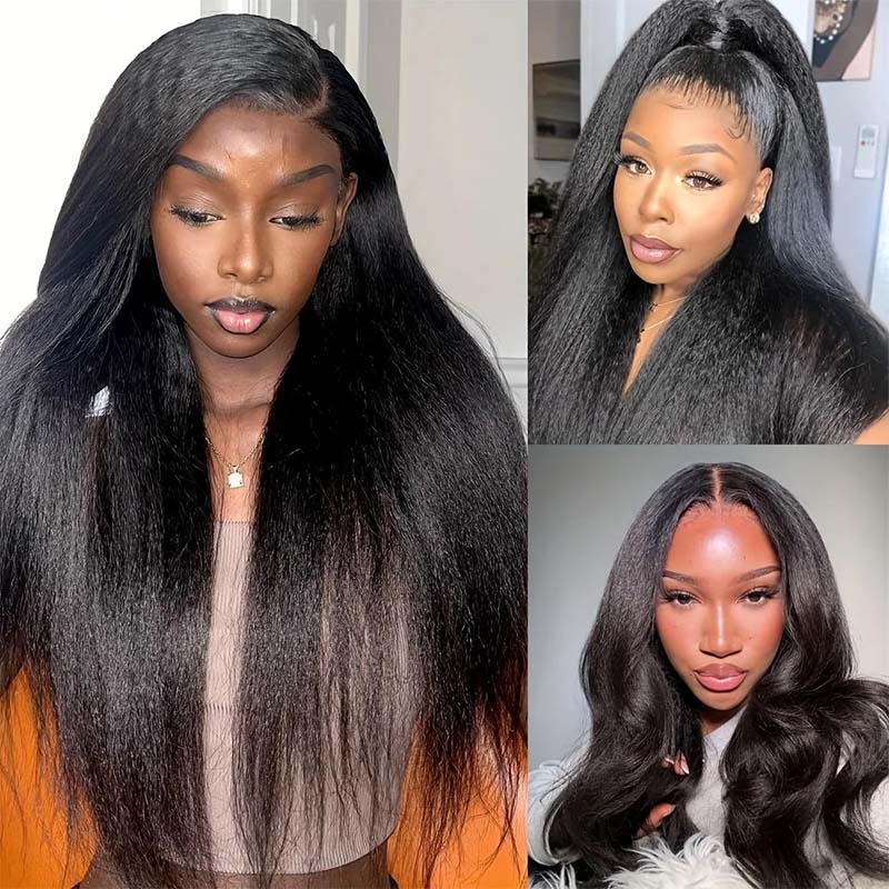 Kinky Straight Human Hair Wig Styled in Three Different Looks On Models
