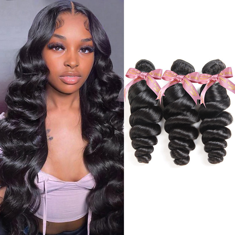 Woman with long, loose wave Brazilian 12A grade hair extensions, paired with three bundles of Ishow High Quality Brazilian Loose Deep Wave hair extensions tied with pink ribbons.