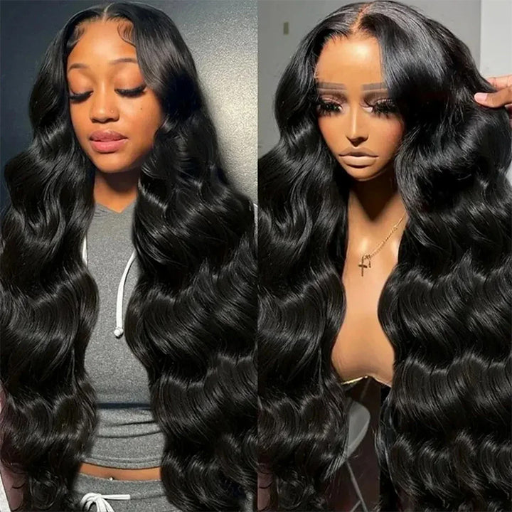 30-Inch Body Wave Lace Front Wig Styled On Model With Natural Black Color