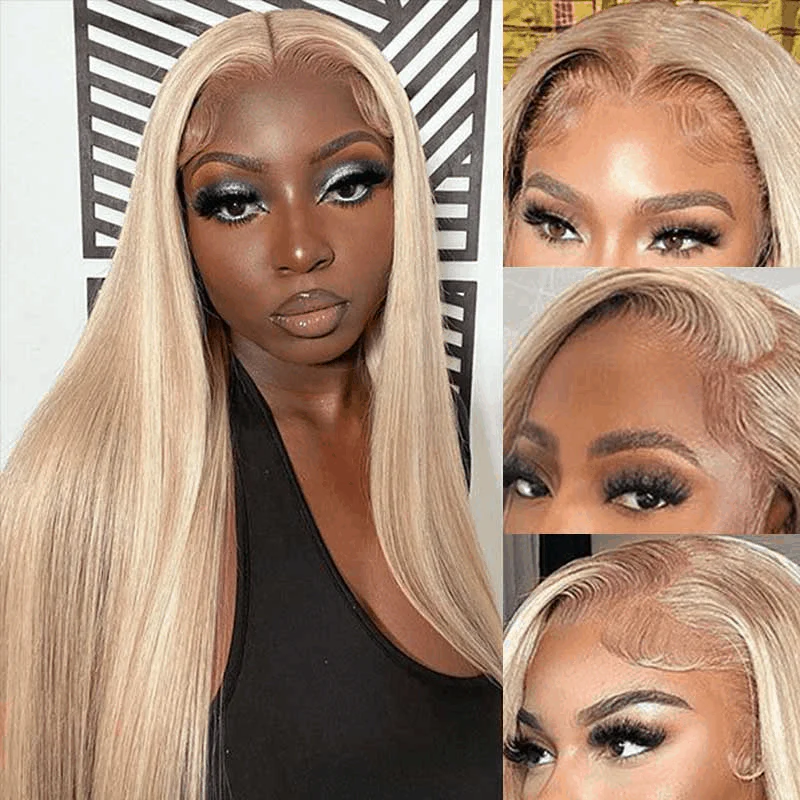Long Straight Blonde Wig On Model With Detailed Lace Front Hairstyle