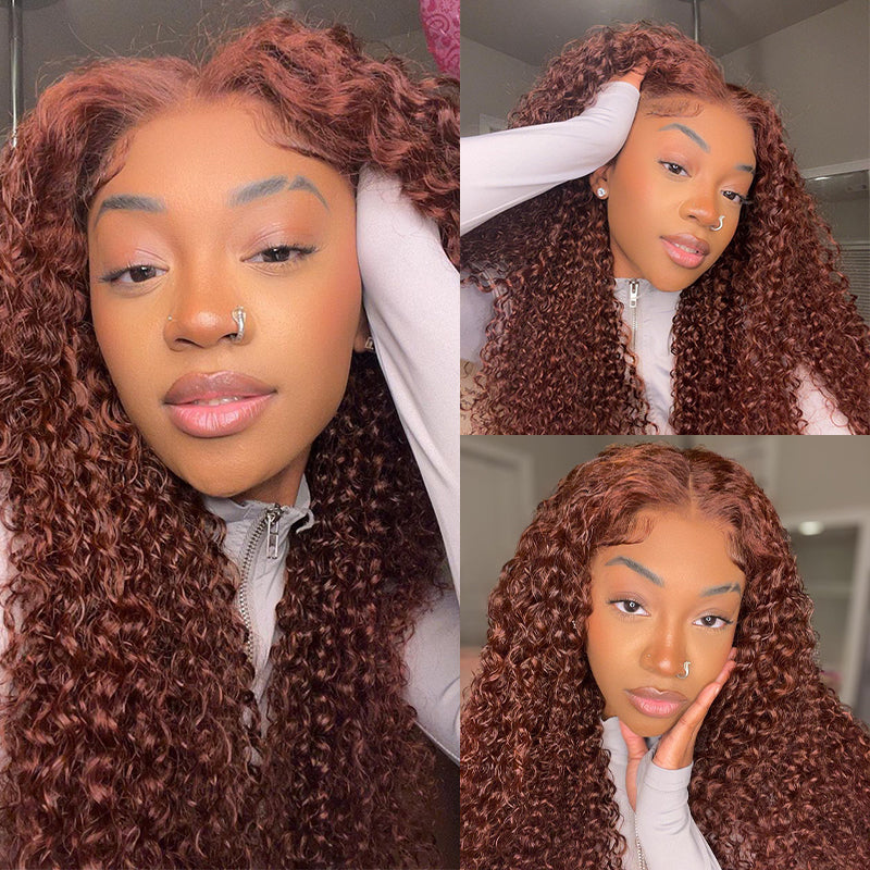 Woman Wearing Reddish Brown Curly Wig