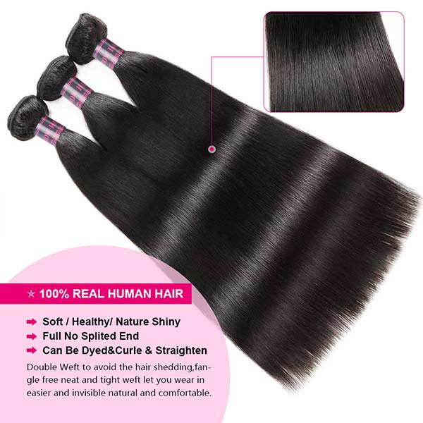 Three Bundles of Soft, Straight, 100% Human Hair in Natural Black, No Split Ends