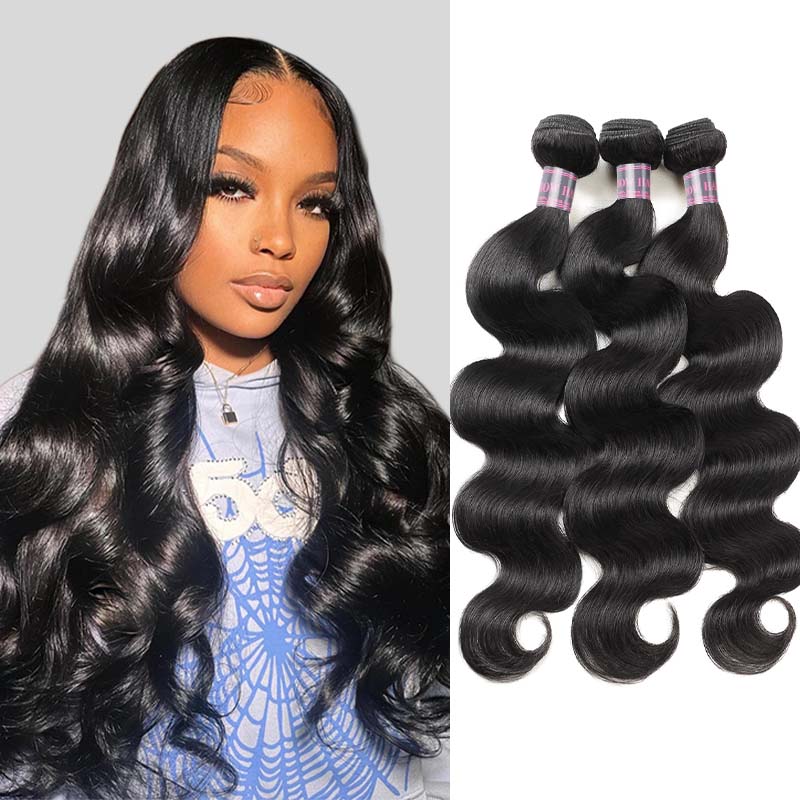 Model With Long Wavy Hair and 3 Bundles of Peruvian Body Wave Hair Extensions
