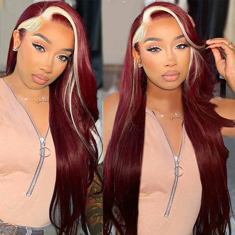 99J Burgundy With 613 Blonde Highlights 13x4 Bone Straight Skunk Stripe Wig HD Lace Wigs