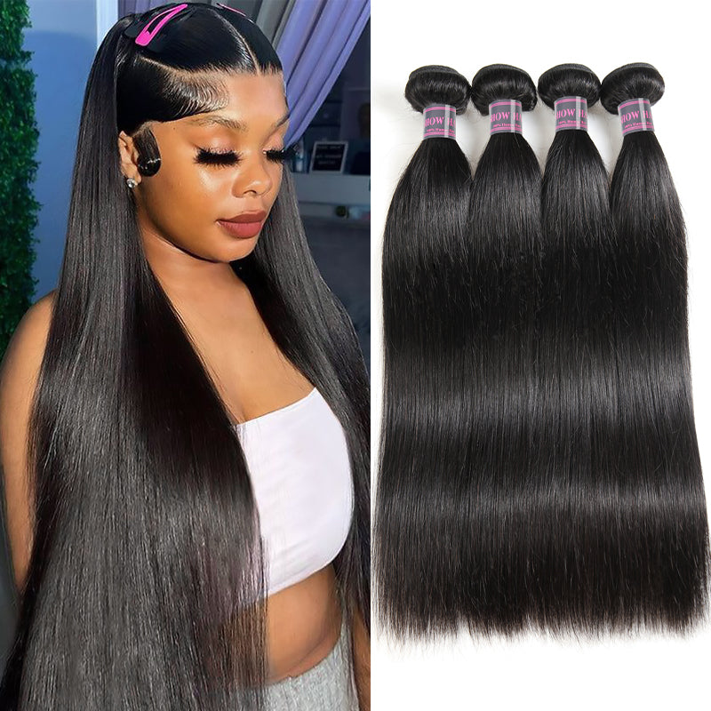 Woman Showcasing Ishow Virgin Indian Straight Hair Weave With 4 Black Bundles