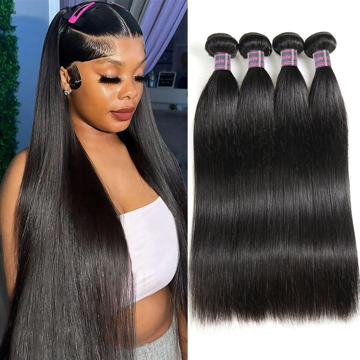 Woman Showcasing Ishow Virgin Indian Straight Hair Weave With 4 Black Bundles