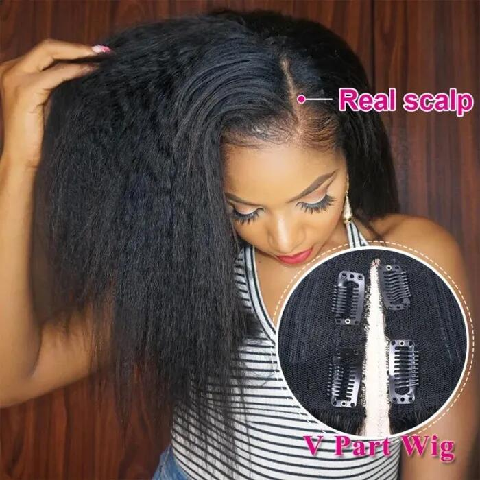 V Part Kinky Straight Wig Displaying Natural Scalp and Texture Close-Up