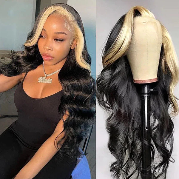 Model Wearing Blonde Skunk Stripe Body Wave Wig Beside Mannequin Display