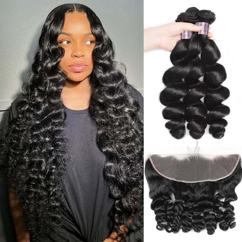 Brazilian Loose Wave Hair 3 Bundles with Ear-To-Ear 13x4 Lace Frontal,100% Virgin Human Hair