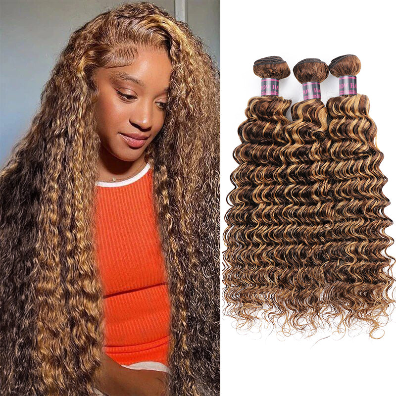 Honey Blonde Deep Wave Hair Extensions With Highlighted Texture and Volume