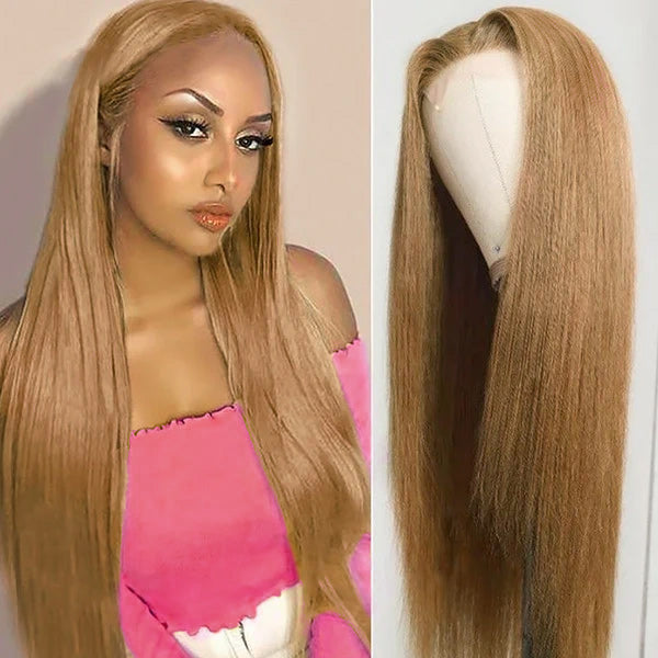 Straight Honey Blonde Wig On a Mannequin and Worn By a Model