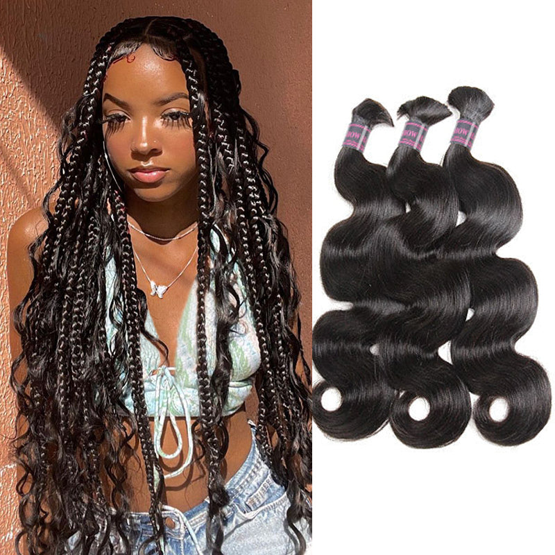 Model With Long Braids Beside Three Bundles of Natural Black Body Wave Hair