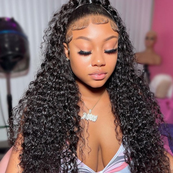 Model With Curly Hair Wearing a Glueless HD Lace Wig Showing Natural Baby Hair