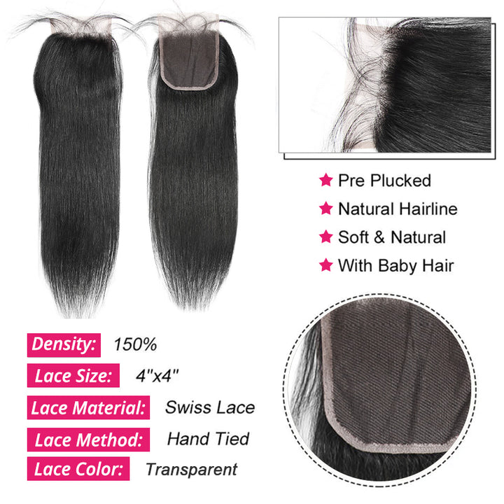 4X4 Lace Closure With Yaki Straight Hair, Transparent Swiss Lace