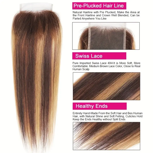 P4/27 Lace Closure Features Pre-Plucked Hairline, Swiss Lace, and Healthy Ends