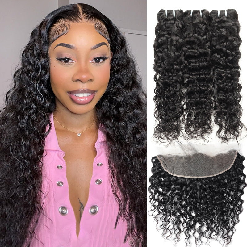 Ishow Human Hair Bundles Brazilian Water Wave 3 Bundles with Lace Frontal Closure - IshowHair