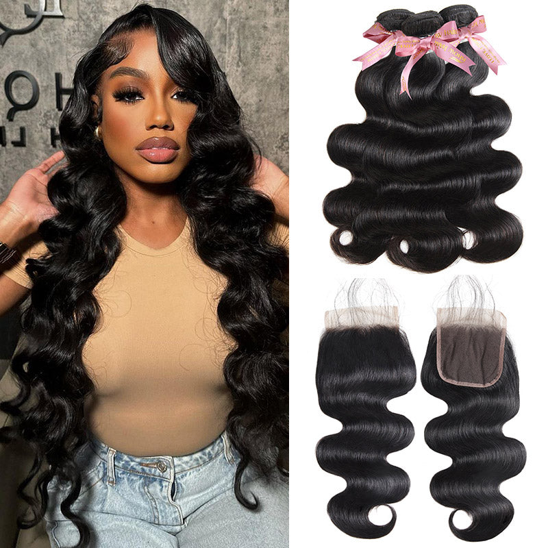 Woman with long, straight, black hair wearing a green top next to three bundles of straight hair and two lace closures with pink ribbons. Ishow 12A Grade Peruvian Straight human hair set.