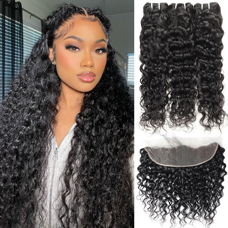 Model With Long Curly Black Hair Next to Hair Bundles and Lace Frontal