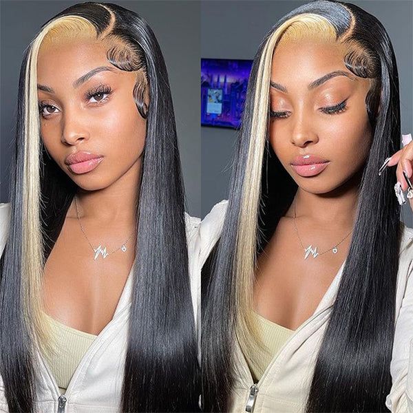 Model With Sleek Straight Hair in 1B/613 Skunk Stripe Human Hair Wig