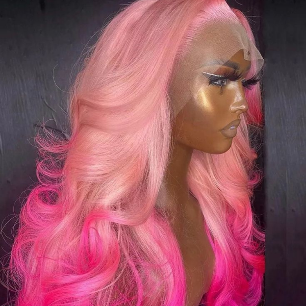 Ombre Rose Pink Body Wave Lace Frontal Wig On Model