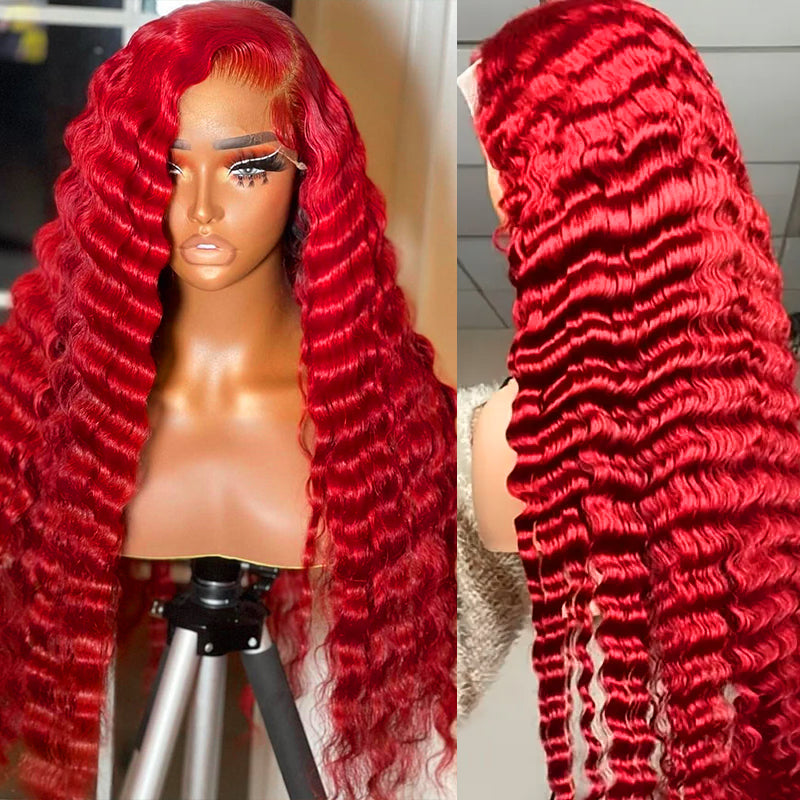 Red Color Deep Wave 13X4 HD Lace Front Wig Nature Hairline  display picture 1