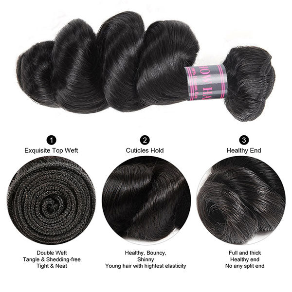 Natural Black Loose Wave Human Hair Bundles, Tangle-Free and Healthy Ends