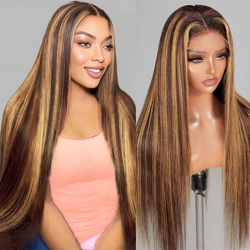 Balayage Highlight Straight Wig Displayed On a Mannequin and Worn By a Model