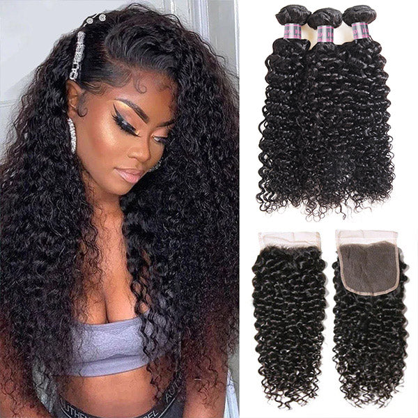 Woman showcasing long kinky curly natural black hair. Three Brazilian hair bundles and a 5x5 lace closure displayed on the right side.