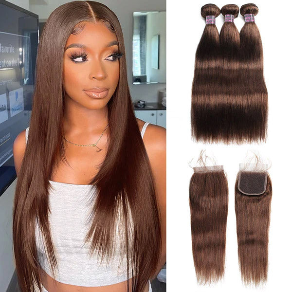 Woman wearing long brown straight hair styled with 4# color hair weave bundles and 4x4 lace closure. Displayed next to three straight hair weave bundles and a 4x4 lace closure on a white background. Brazilian human hair, no shedding, tangle free.