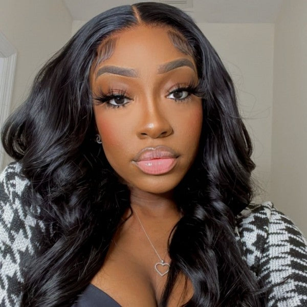 Model With 30-Inch Body Wave Lace Closure Wig in Natural Black, Styled Elegantly