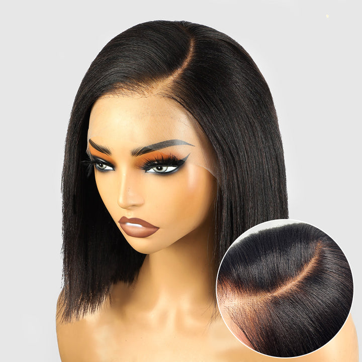 Yaki Straight Bob Wig On Mannequin, Pre-Plucked Lace Front, Natural Black Color