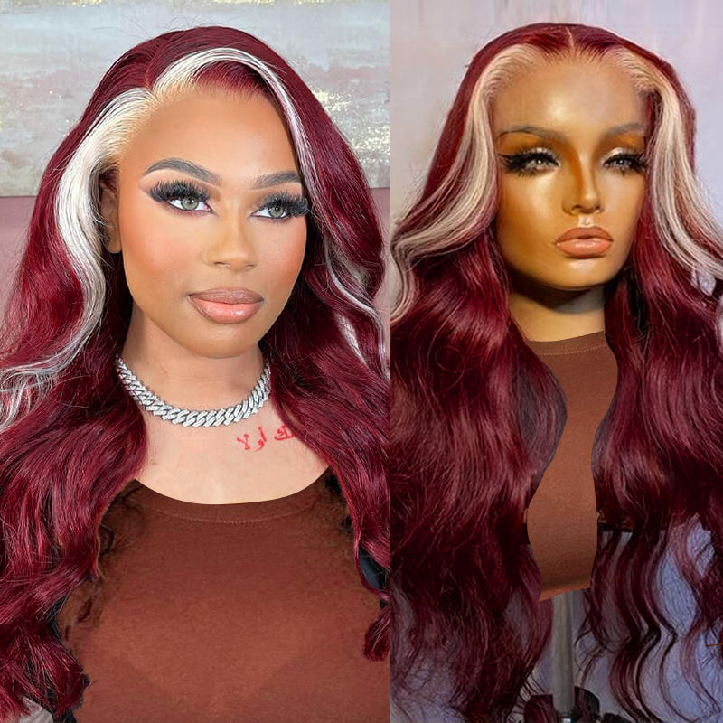 13x4 HD Transparent Lace Front Wigs Body Wave 99J Burgundy With 613 Blonde Highlight Wigs