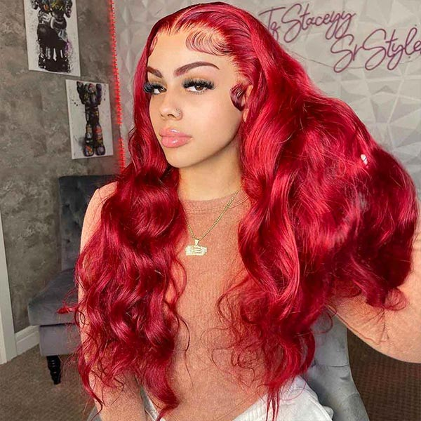 Model With Long Red Body Wave Wig and Natural Hairline, Showcasing Ishow Hair Product