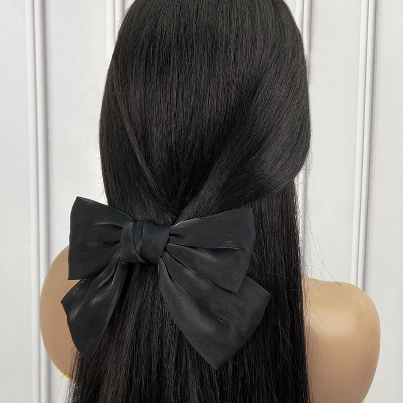 Black Satin Bow Hairpin On Straight Long Hair