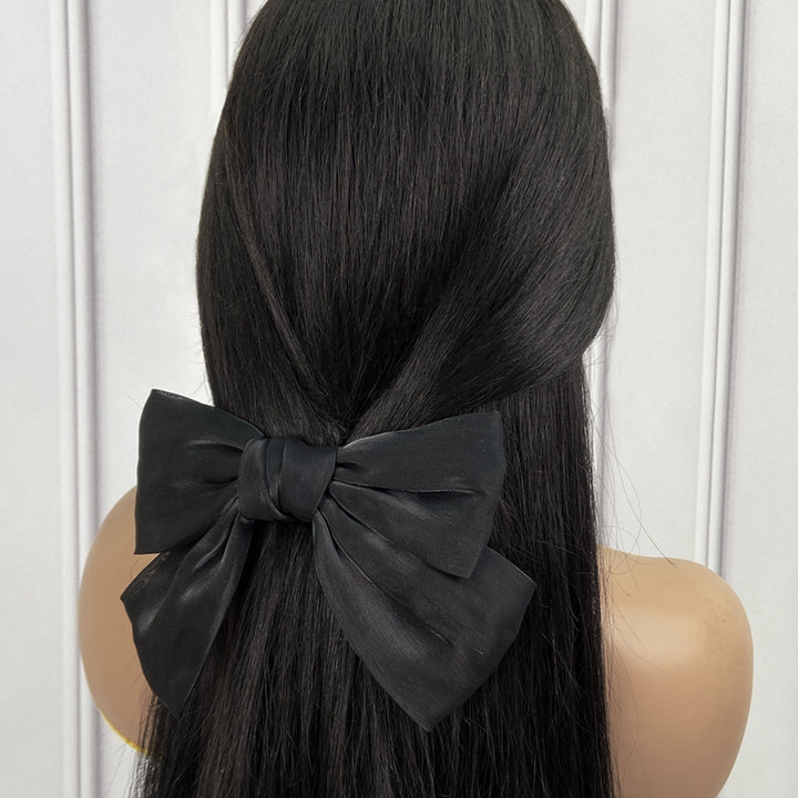 Black Satin Bow Hairpin On Straight Long Hair