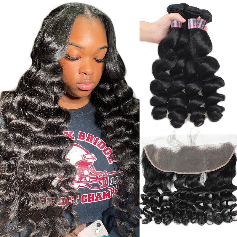 Loose Wave Hairstyle With 4 Bundles and Ear-To-Ear Lace Frontal, 100% Virgin Human Hair