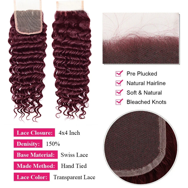 Model Showcasing 99J Burgundy Deep Wave Human Hair Bundles With Defined Curls