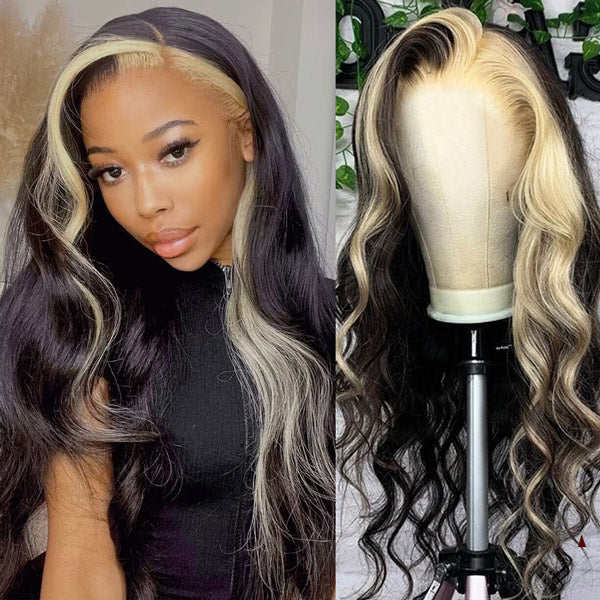Woman showcasing Ishow PPB™ Invisible Knots Blonde Skunk Stripe Body Wave Glueless Lace Frontal Wig with 1B 613 HL color, wearing a blue sleeveless top. The wig features a blonde skunk stripe and body wave texture.